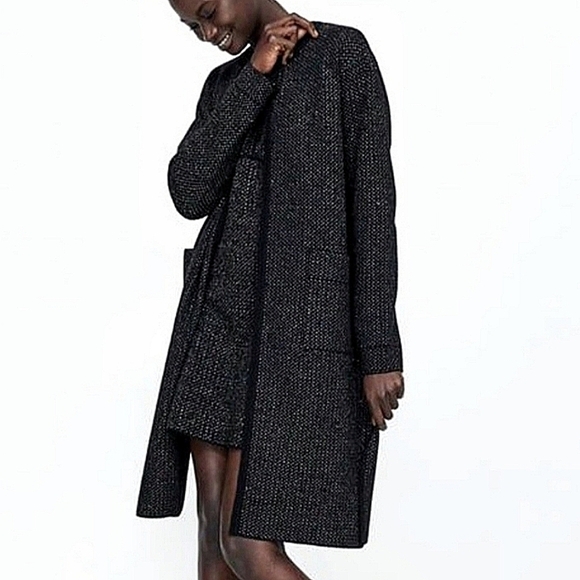 Zara-Knit Gold Metallic Thread Longline Open Front Cardigan Sweater-Size S - Picture 1 of 17